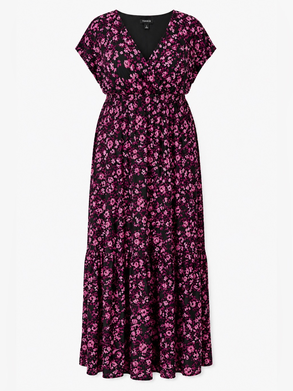 Torrid Black Maxi Dress with Pink ish Floral Print tiered dress